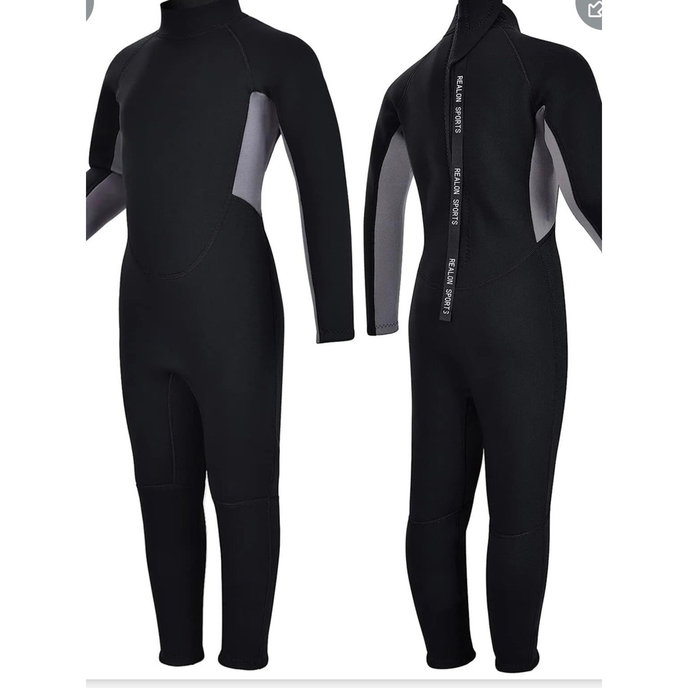 REALON Kids Wetsuit Full Body Neoprene Youth XL Black Grey Long Sleeve Surf Swim